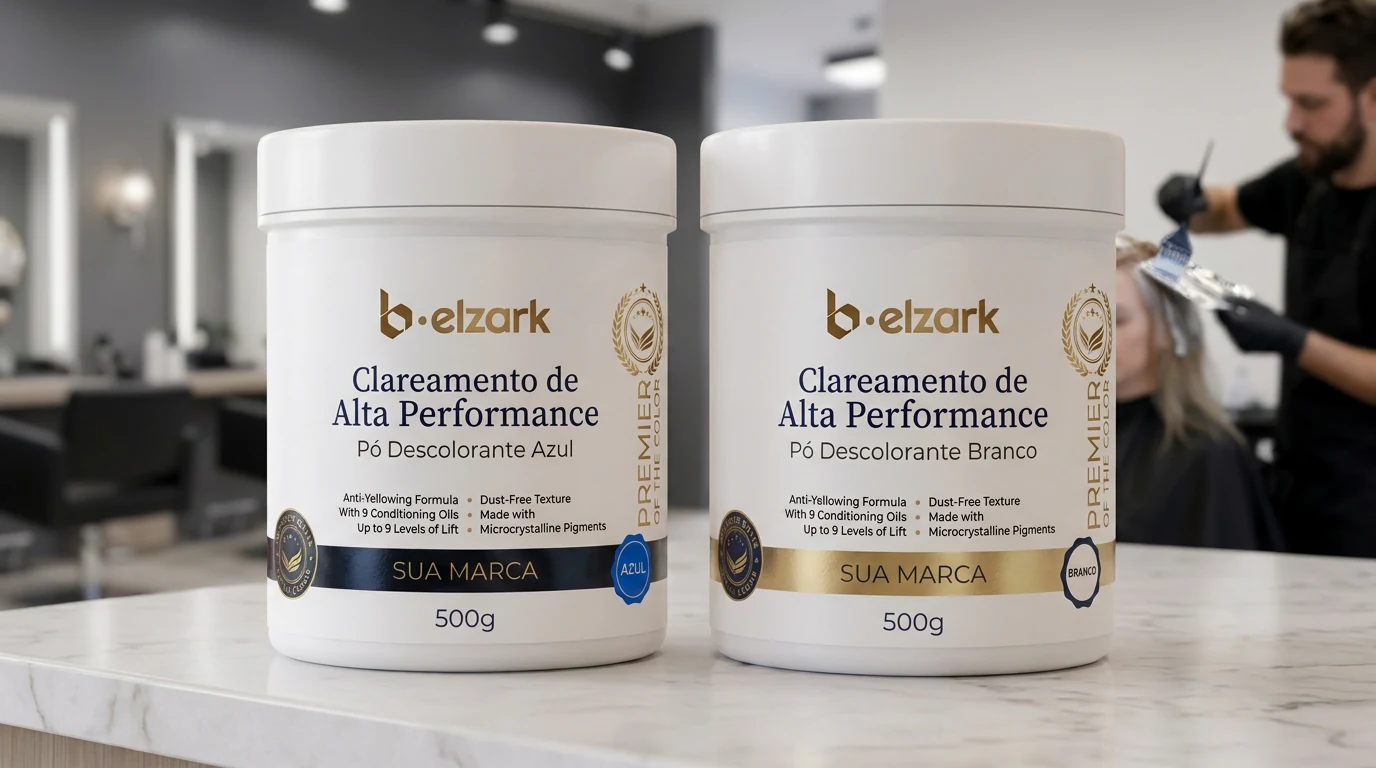 Pó descolorante azul e branco Belzark, produzido sob marca própria